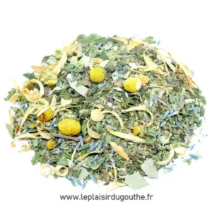 Infusion Repos du Guerrier, mélange de plantes et de fleurs séchées avec camomille et lavande, Le Plaisir du Gou'thé